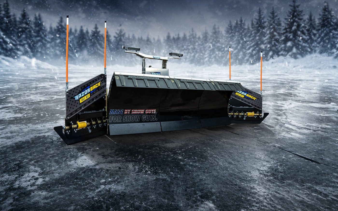 Anniversary Edition RazorBack Full Kit — gloss black wing plow with red-white-blue Made By Snow Guys plate